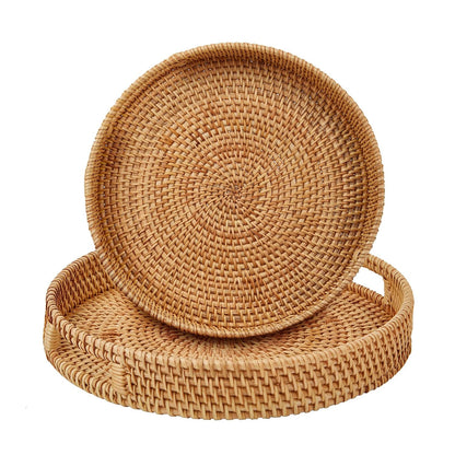 Round Rattan Serving Tray with Handles,2 Hand Woven Basket, Home Decor Organizer Tray for Breakfast, Tea, Snack, Fruit, Coffee, Storage (Large + Medium)(14.17inchX2.3inch+11.9inchX1.7inch