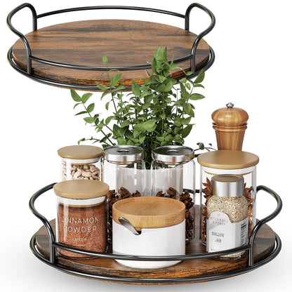 LAMU 2 Pack 9'' 10'' Lazy Susan Turntable Organizer for Table Top Cabinet, Wooden Lazy Susan for Kitchen, Pantry, Countertop, Bathroom Vanity, Spice Organization, Wood Decor