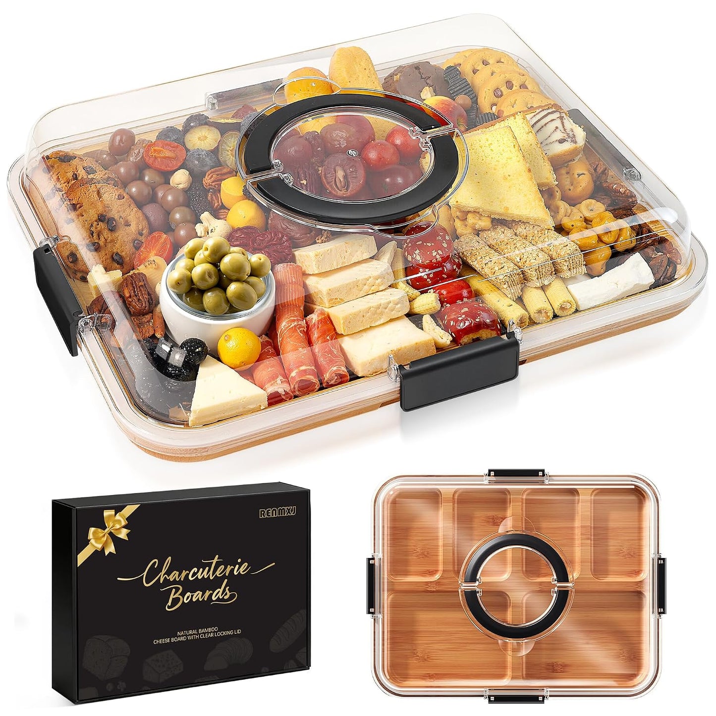 Portable Charcuterie Boards with Lid, Cheese, Veggie & Snack Tray | Clear Lid Keeps Food Fresh, Travel Portable Board for Kitchen, Picnic and Party, House Warming Gifts New Home