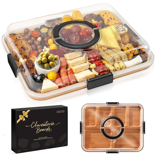 Portable Charcuterie Boards with Lid, Cheese, Veggie & Snack Tray | Clear Lid Keeps Food Fresh, Travel Portable Board for Kitchen, Picnic and Party, House Warming Gifts New Home