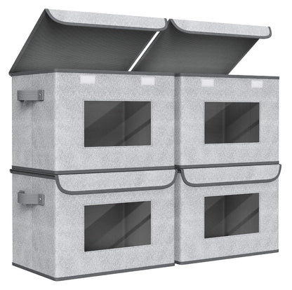 Univivi Fabric Closet Storage Bins with Lids for Shelves 4 Pack, Gray | 17 x 12 x 12 In Clothes Storage Bins with Handles & Window, Foldable Closet Organizers and Storage for Home, Office, Bedroom