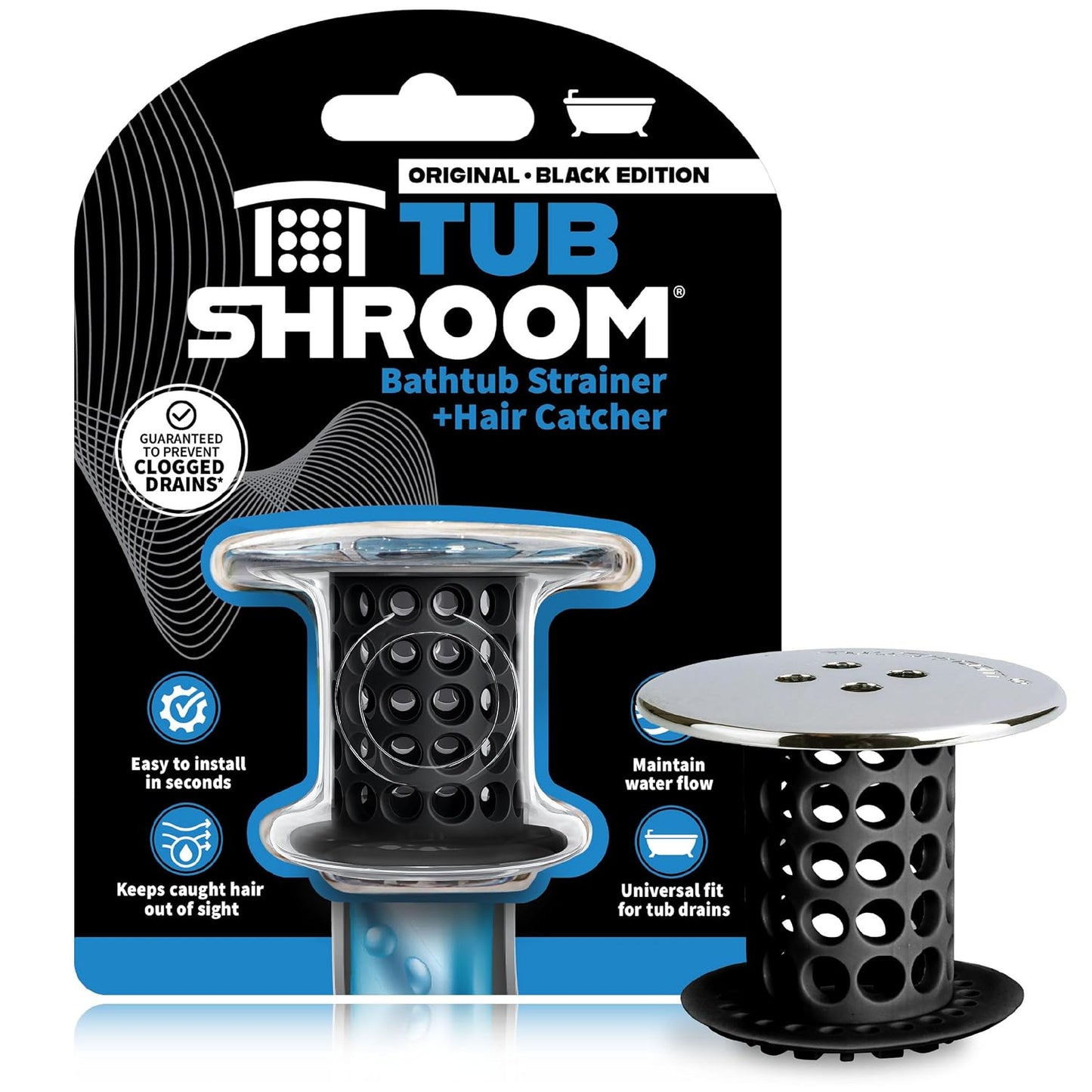 TubShroom Tub Drain Hair Catcher, Black Chrome – Protector and Catcher for Bathroom Drains, Fits 1.5” 1.75” Bathtub Shower Drains