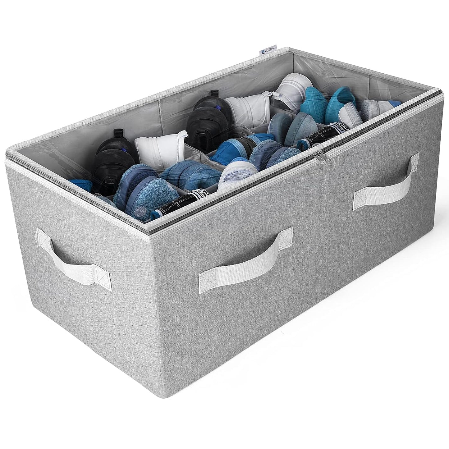 Shoe Organizer Closet Storage Solution with Clear Cover & Adjustable Dividers for Shoes, Handbags, Blankets, Linen, Clothing (Large - 24 Pairs, Grey)