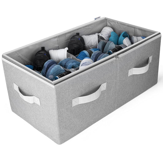 Shoe Organizer Closet Storage Solution with Clear Cover & Adjustable Dividers for Shoes, Handbags, Blankets, Linen, Clothing (Large - 24 Pairs, Grey)