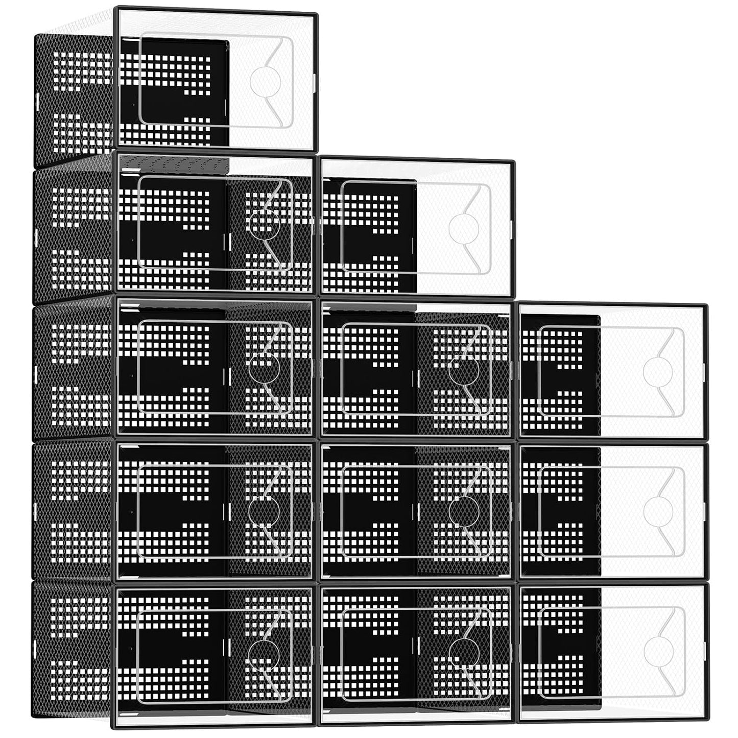 DUMOS Shoe Storage Boxes, 12-Pack Stackable Clear Shoe Containers with Lids, Display Sneaker Case Organizer for Closet, Under Bed, Entryway, Black, Fit Size 11