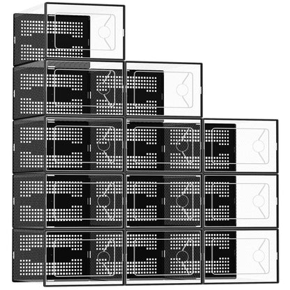 DUMOS Shoe Storage Boxes, 12-Pack Stackable Clear Shoe Containers with Lids, Display Sneaker Case Organizer for Closet, Under Bed, Entryway, Black, Fit Size 11