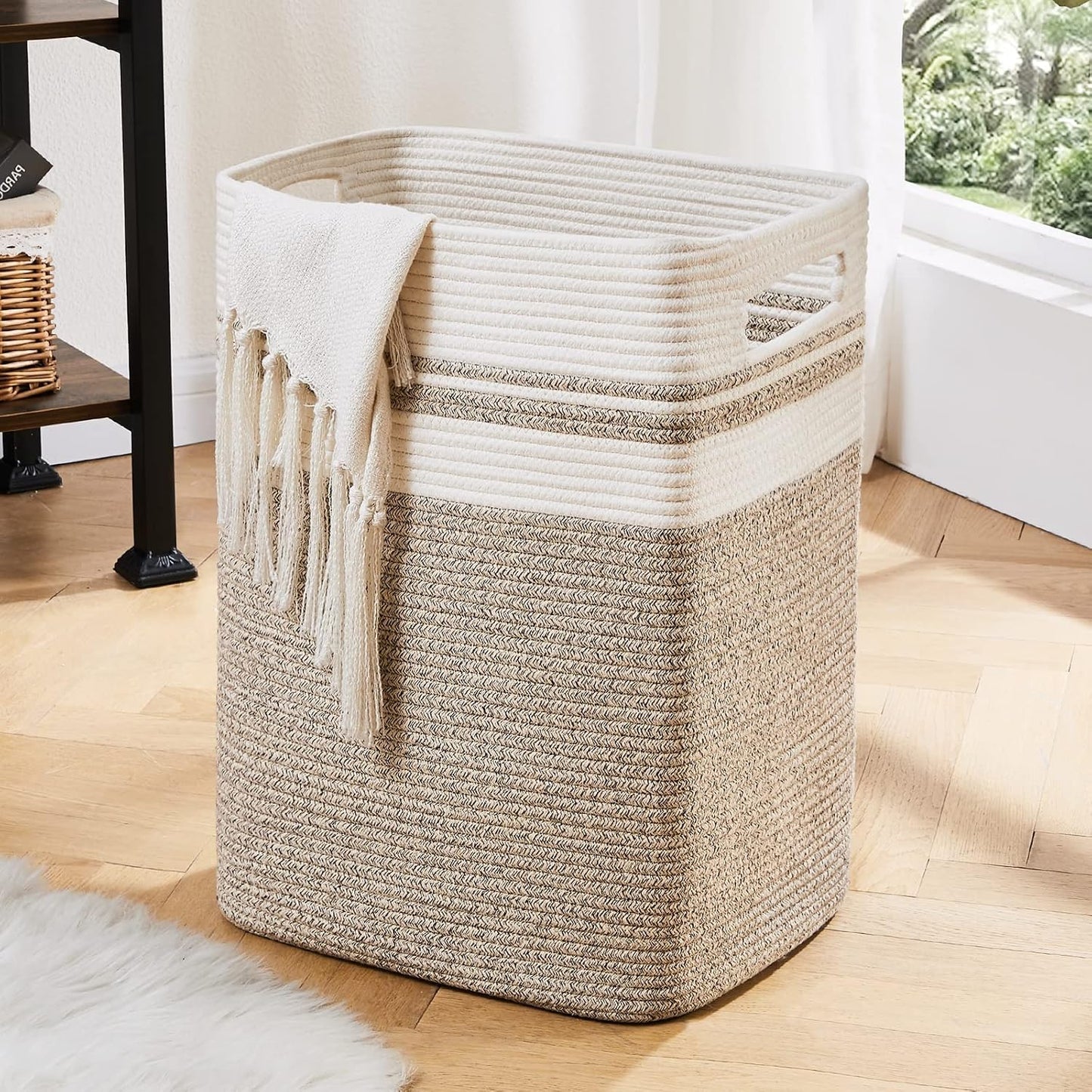 OIAHOMY Laundry Hamper-Laundry Basket,Tall Cotton Storage Basket with Handles,Decorative Blanket Basket for Living room,Collapsible Large Basket for Toys,Pillows,Clothes-16x13x22in-Yellow variegated
