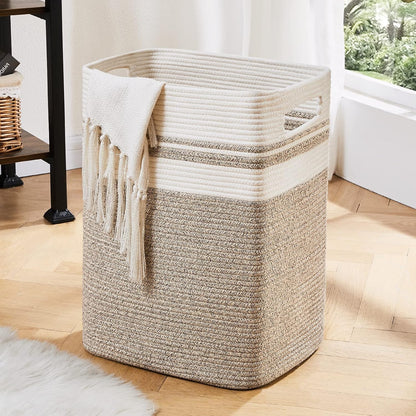 OIAHOMY Laundry Hamper-Laundry Basket,Tall Cotton Storage Basket with Handles,Decorative Blanket Basket for Living room,Collapsible Large Basket for Toys,Pillows,Clothes-16x13x22in-Yellow variegated