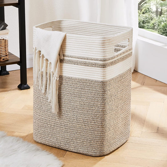 OIAHOMY Laundry Hamper-Laundry Basket,Tall Cotton Storage Basket with Handles,Decorative Blanket Basket for Living room,Collapsible Large Basket for Toys,Pillows,Clothes-16x13x22in-Yellow variegated