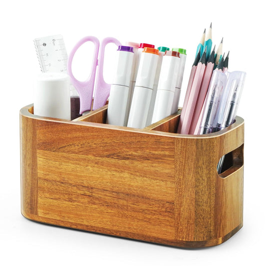 Acacia Pencil Pen Holder for Desk, Wooden Office Organizer with 3 Slots for Countertop, Makeup Brush Holder Remote Control Organizer for School Home Supplies