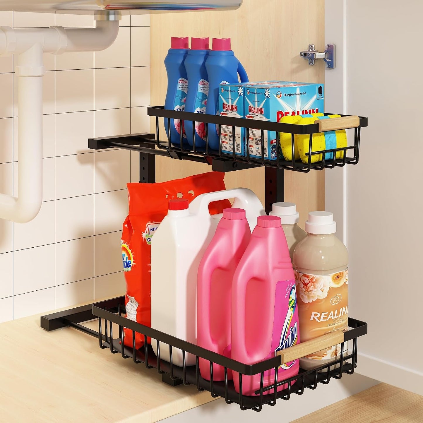Under Sink Organizer, Adjustable 2 Tier Pull Out Kitchen Bathroom | cabinet organizer, 5 level adjustable, quiet sliding rails, dual suction and nano tape, no drill, rust resistant holds 50 lbs