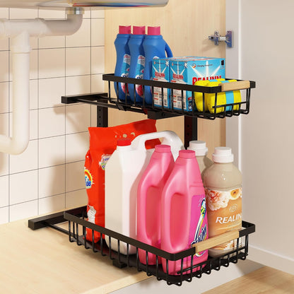 Under Sink Organizer, Adjustable 2 Tier Pull Out Kitchen Bathroom | cabinet organizer, 5 level adjustable, quiet sliding rails, dual suction and nano tape, no drill, rust resistant holds 50 lbs