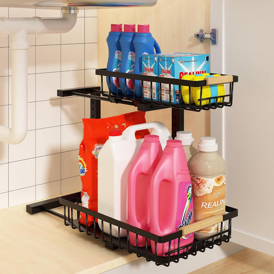 Under Sink Organizer, Adjustable 2 Tier Pull Out Kitchen Bathroom | cabinet organizer, 5 level adjustable, quiet sliding rails, dual suction and nano tape, no drill, rust resistant holds 50 lbs
