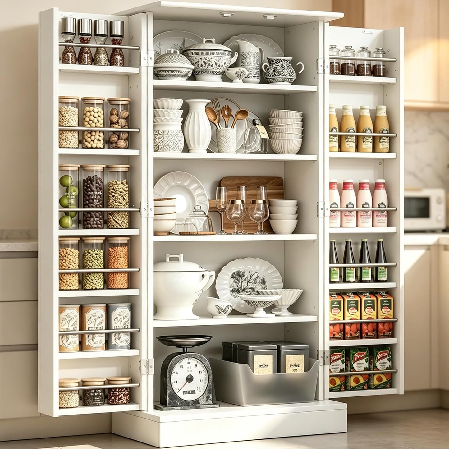 47" Kitchen Pantry Cabinet with Doors and Adjustable Shelves, Freestanding Pantry Storage Cabinet, Farmhouse Buffet Cupboard for Kitchen, Dining Room, Living Room, White