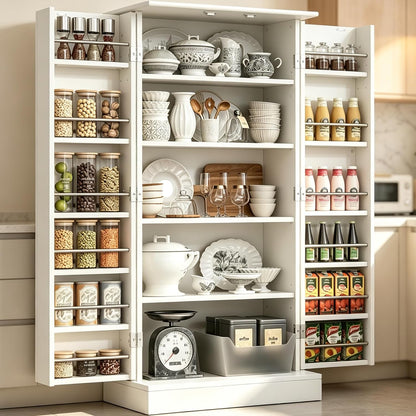 47" Kitchen Pantry Cabinet with Doors and Adjustable Shelves, Freestanding Pantry Storage Cabinet, Farmhouse Buffet Cupboard for Kitchen, Dining Room, Living Room, White