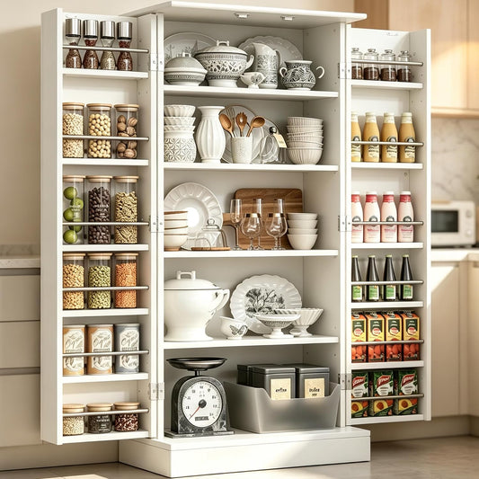 47" Kitchen Pantry Cabinet with Doors and Adjustable Shelves, Freestanding Pantry Storage Cabinet, Farmhouse Buffet Cupboard for Kitchen, Dining Room, Living Room, White