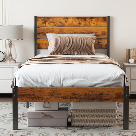 Sweetcrispy Twin Size Metal Platform Bed Frame - Mattress Foundation with Headboard and and Footboard, No Box Spring Needed with 700LBS Sturdy Wooden Slats Support, Noise Free, Easy Assembly