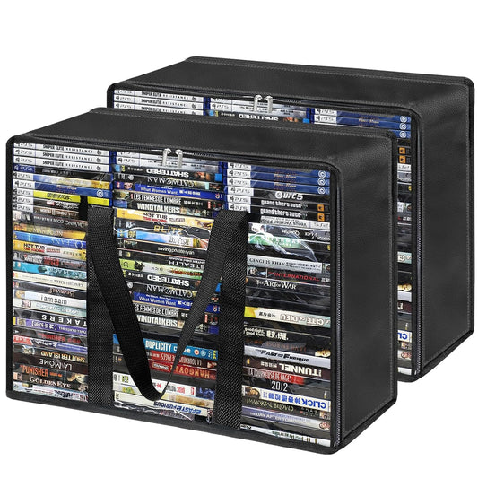 DVD Storage Bags 2 Pack, Clear Media Organizer Holds 140 DVDs&& Blu ray && Video Game, Plastic Holder with Reinforced Handles for Quilt, Pillow & Clothing