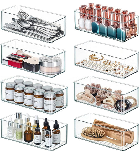 Qilinba 8 PACK Drawer Organizers Deep Drawer Organizer Bins Silverware Organizer Clear Stackable Storage Bins for Bathroom, Pantry, Office, Vanity, Desk Organization and Storage