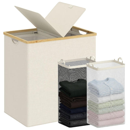 efluky Laundry Hamper with Lid, Double Laundry Basket with 2 Removable Bags, 2 Section Laundry Bin with Bamboo Handles for Bathroom, Bedroom & Laundry Room, 140L (36.9 Gallon) Beige