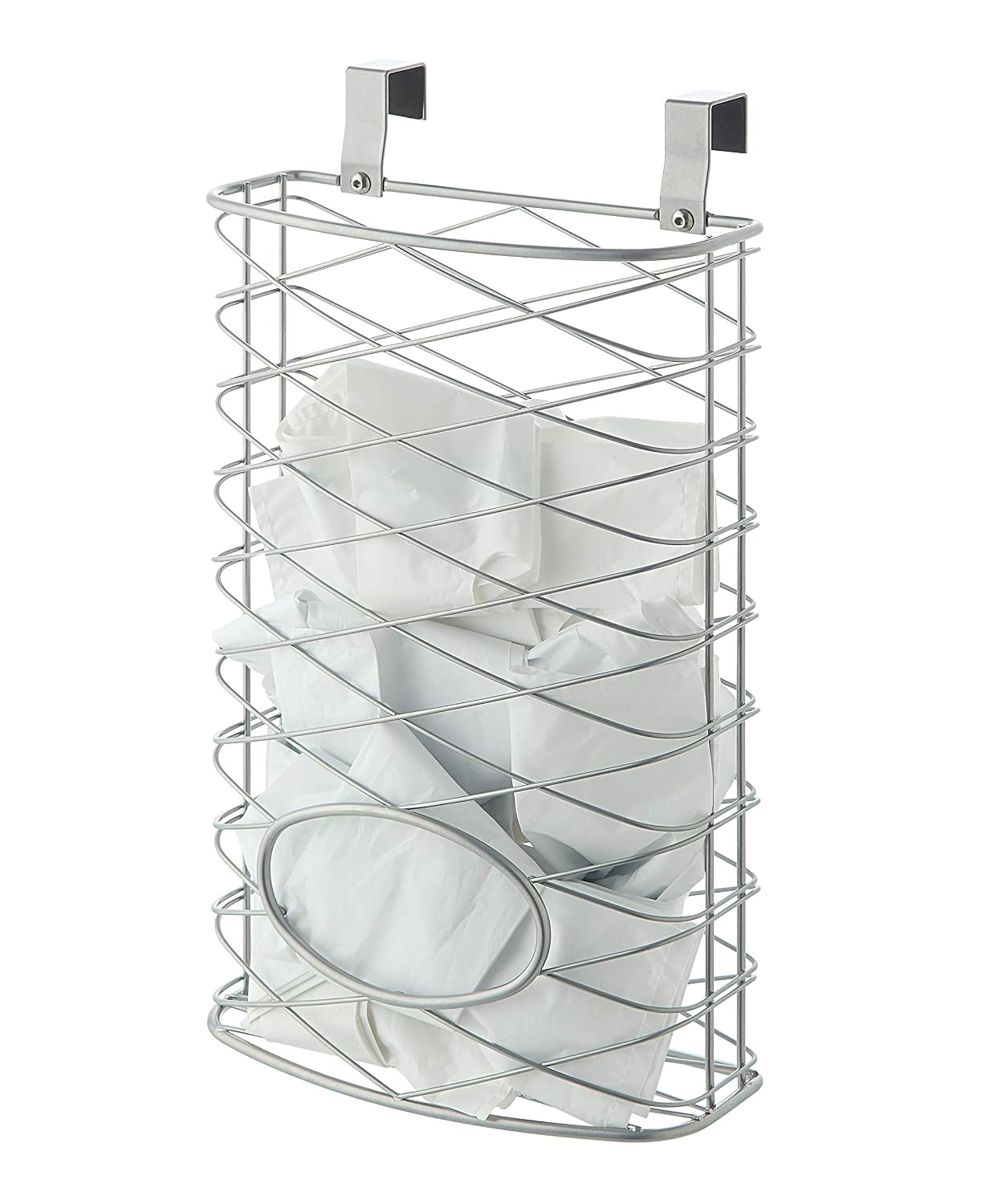 SunnyPoint Over Cabinet Kitchen Storage Organizer Holder or Basket - Hang Over Cabinet Doors in Kitchen/Pantry - Holds up to 50 Plastic Shopping Bags (SILVER)