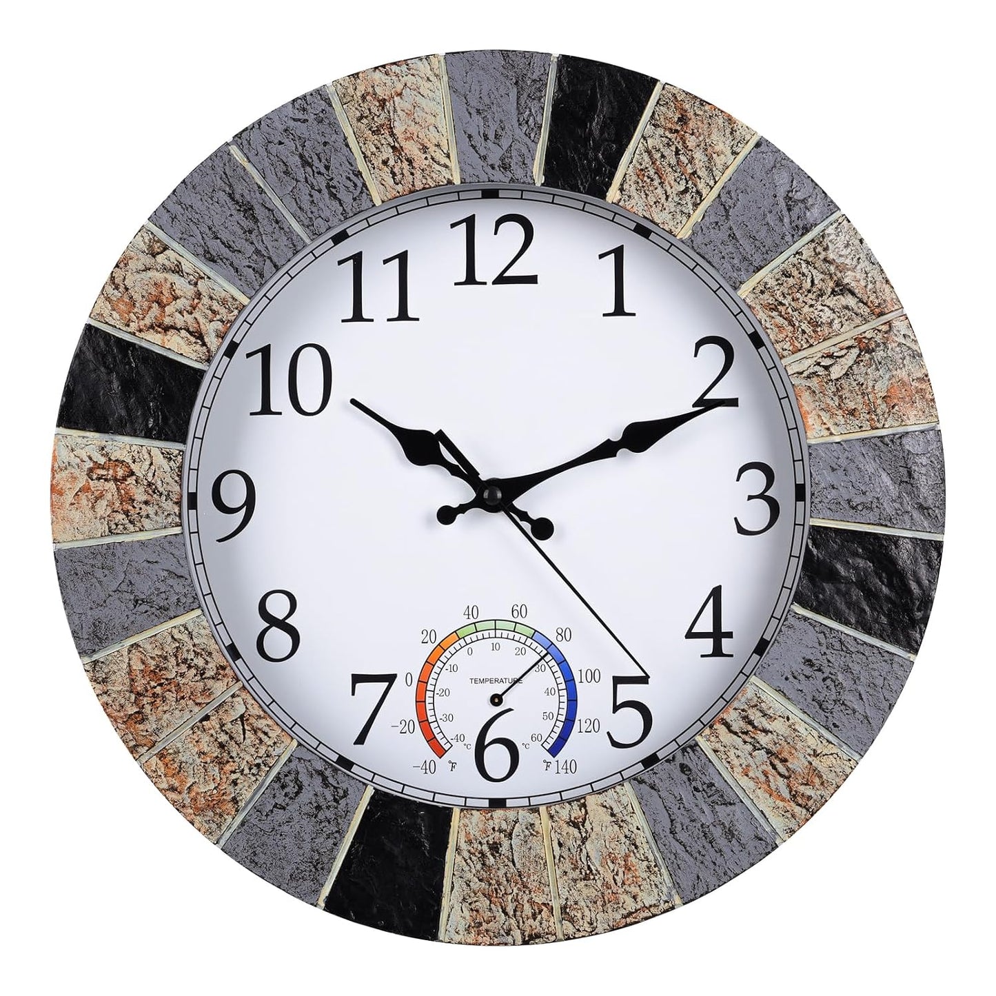 Outdoor Clock Waterproof with Thermometer, 13 Inch Silent Rustic Resin Wall Clock Weatherproof Decor for Patio Pool Garden Porch, Faux-Stone Brown