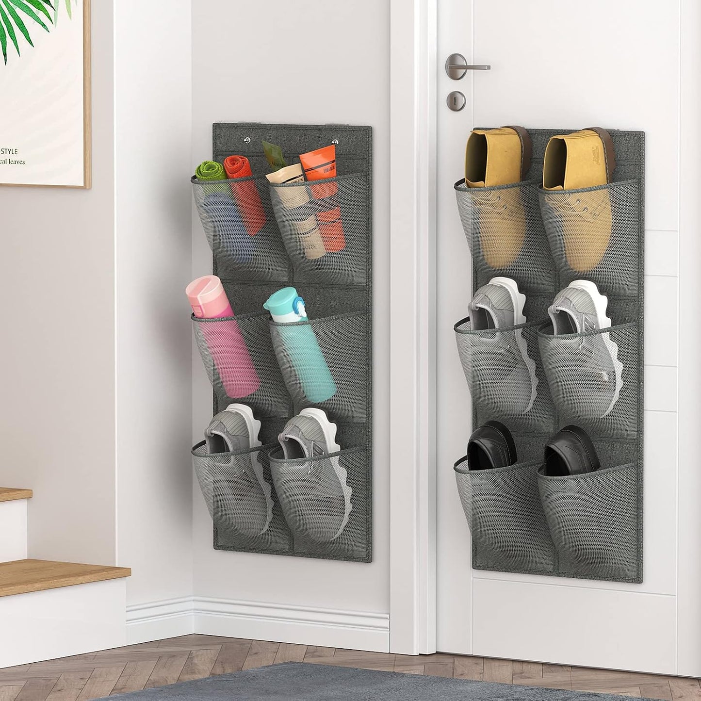 2 Pack RV Shoes Storage, 12 Large Mesh Pockets Closet Door Hanging Shoe Rack Organizer Narrow Shoe Holder, Wall Mounted Shoes Rack with Sticky Mounts for Camper