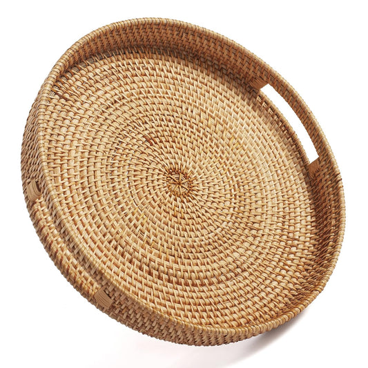 Coffee Table Tray Round Rattan Ottoman Tray Woven Serving Trays with Handles for Home and Kitchen Decorative Natural (Large 14 inch x 2.4 inch)