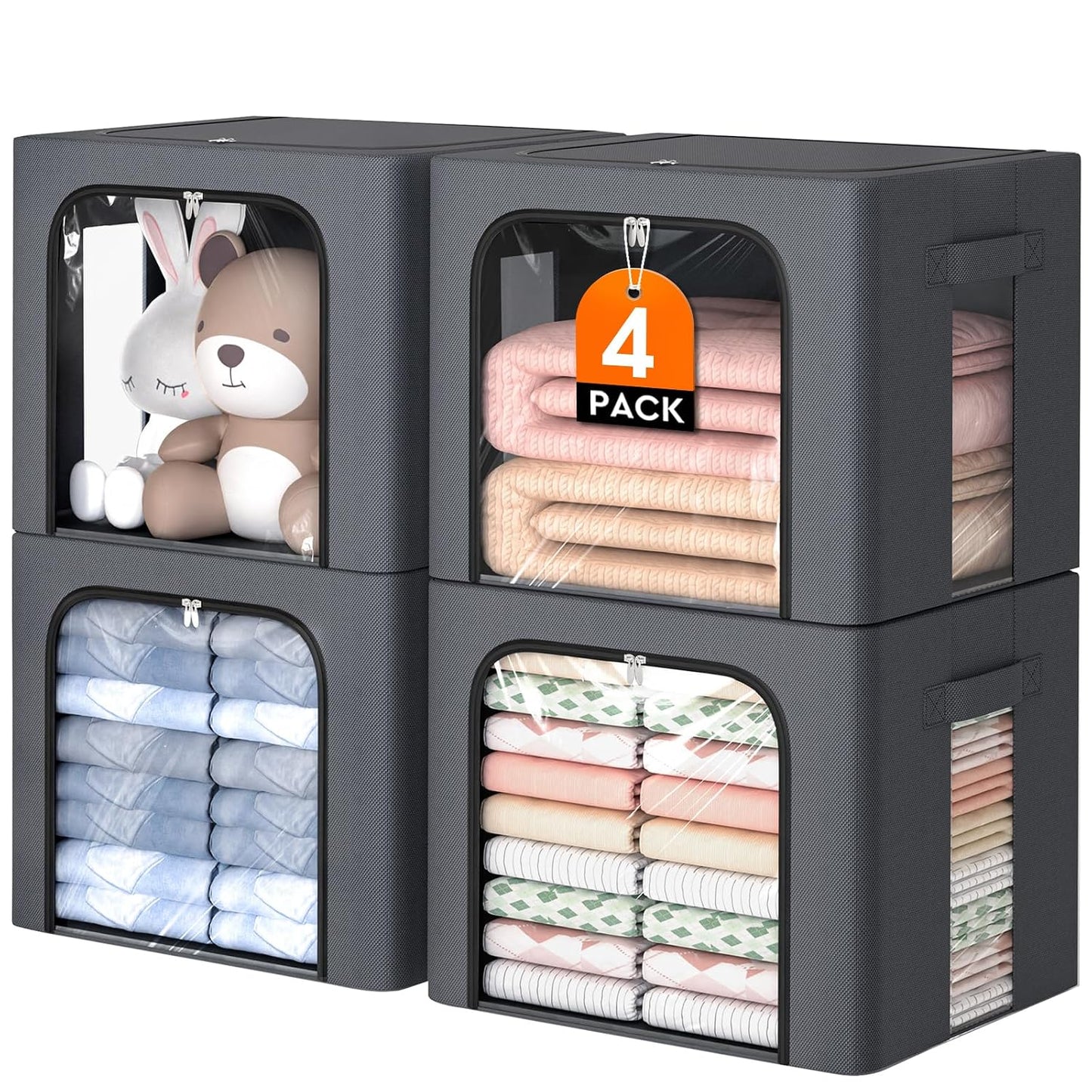 4 Pack Clothes Storage Bins with Metal Frame, Light Grey, 40L | Foldable Storage Boxes with Clear Window, Front & Top Zipper Openings, Stackable Organizer with Handles for Closet & Bedroom