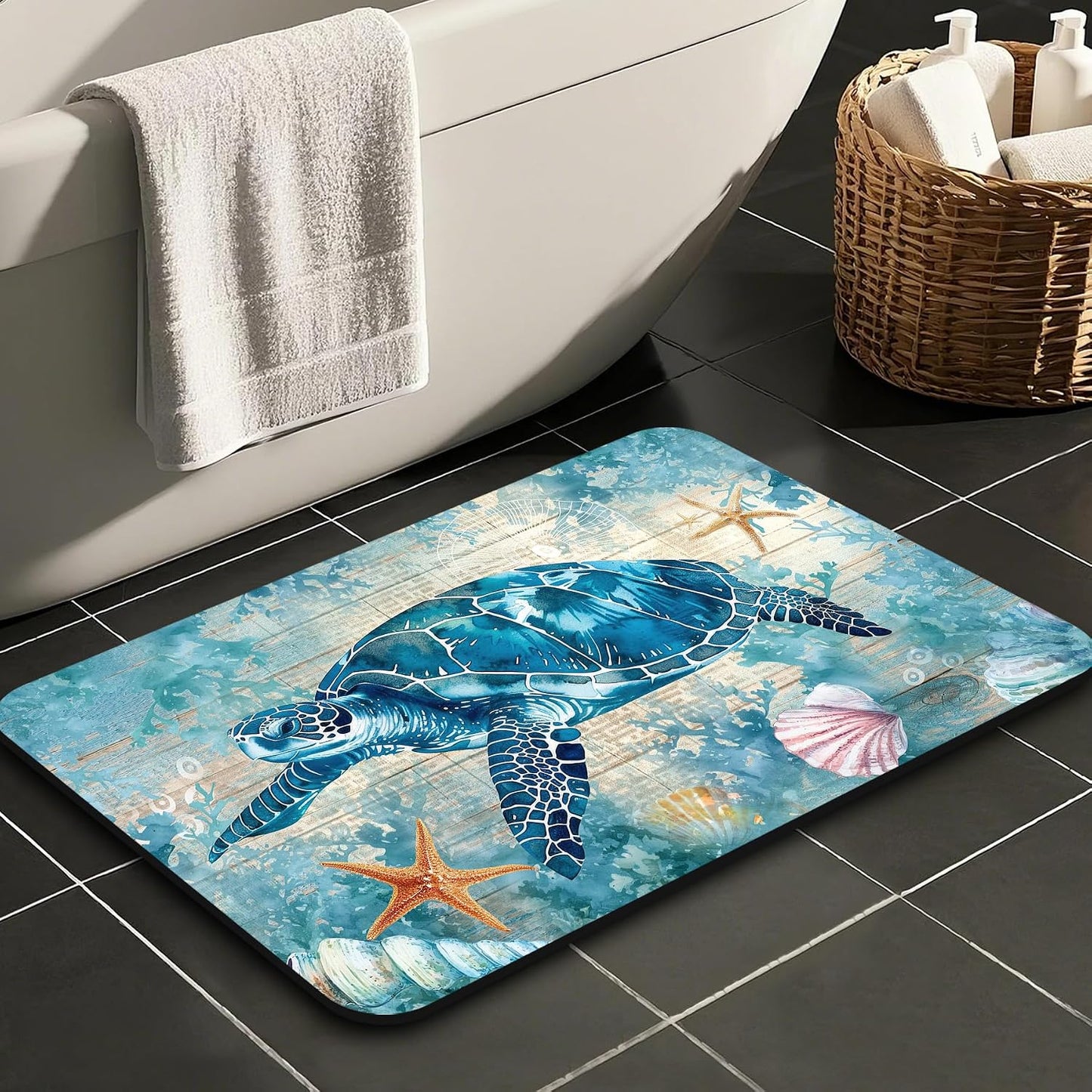 Turtle Bathroom Rugs, Quick Dry Absorbent Non Slip Bath Mat 16x24 in | Rubber Backing, Machine Washable Bathroom Mat for Shower, Tub and Sink Areas with Beach Seashell Ocean Blue