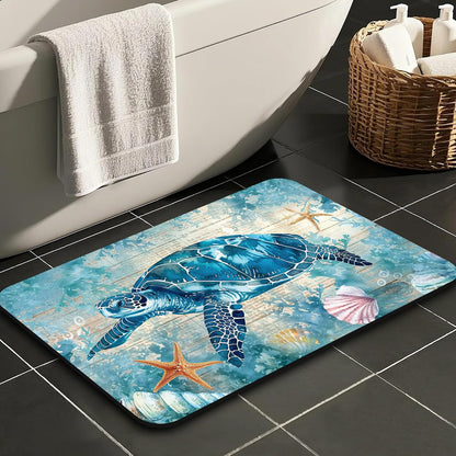 Turtle Bathroom Rugs, Quick Dry Absorbent Non Slip Bath Mat 16x24 in | Rubber Backing, Machine Washable Bathroom Mat for Shower, Tub and Sink Areas with Beach Seashell Ocean Blue