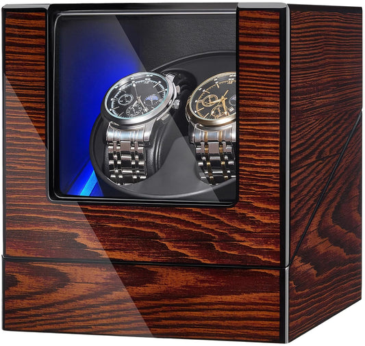 BEWISHOME Watch Winder for Automatic Watches, Automatic Watch Winder Box | Watch Spinner with LED Light, Double Watch Winder with Quiet Motor Wooden 4 Modes Battery or Type-C Adapter, Brown SYQ02Y