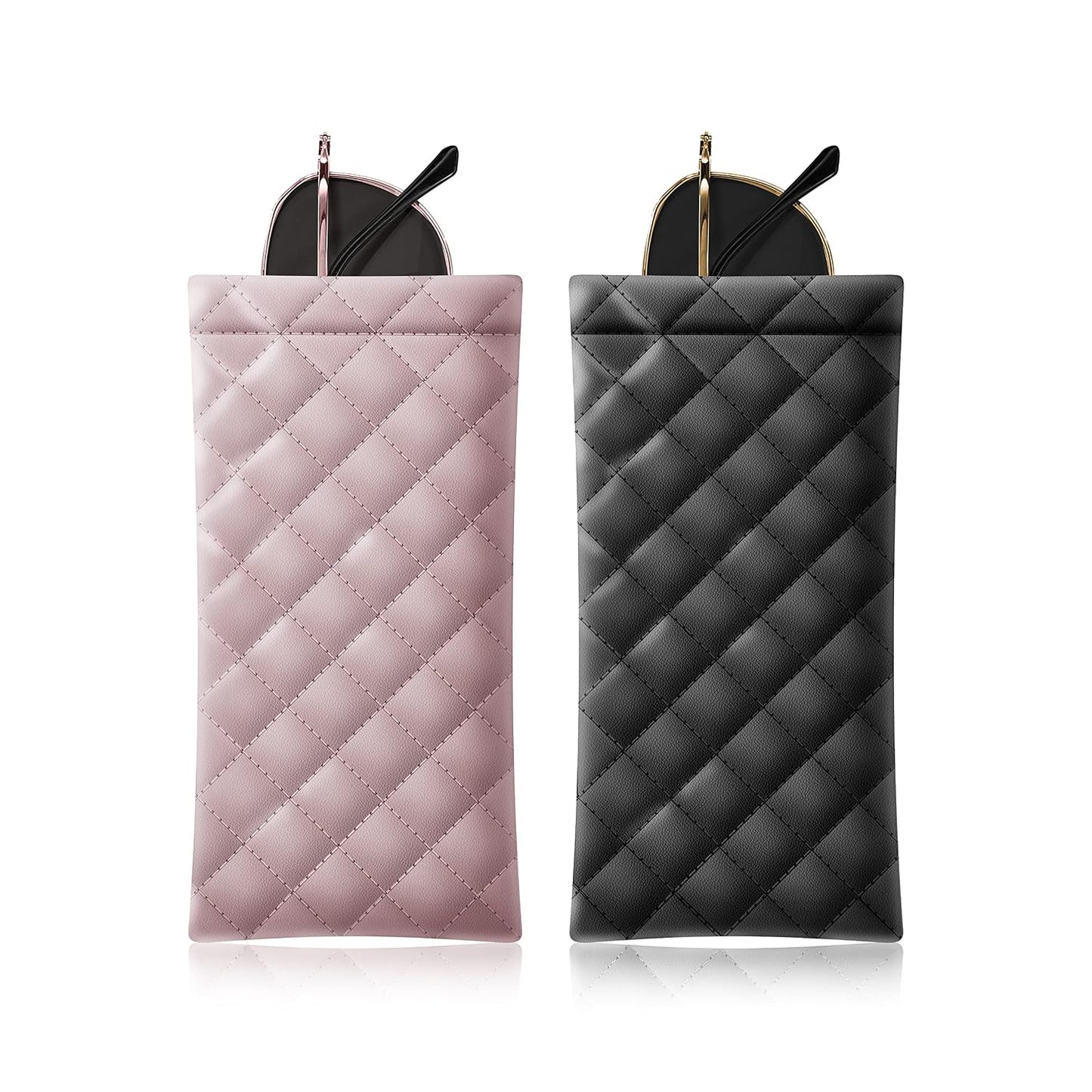 Squeeze Top Sunglass Pouch - Portable Sunglass Organizer Pouch Bags Soft PU Leather Glasses 2 Pack