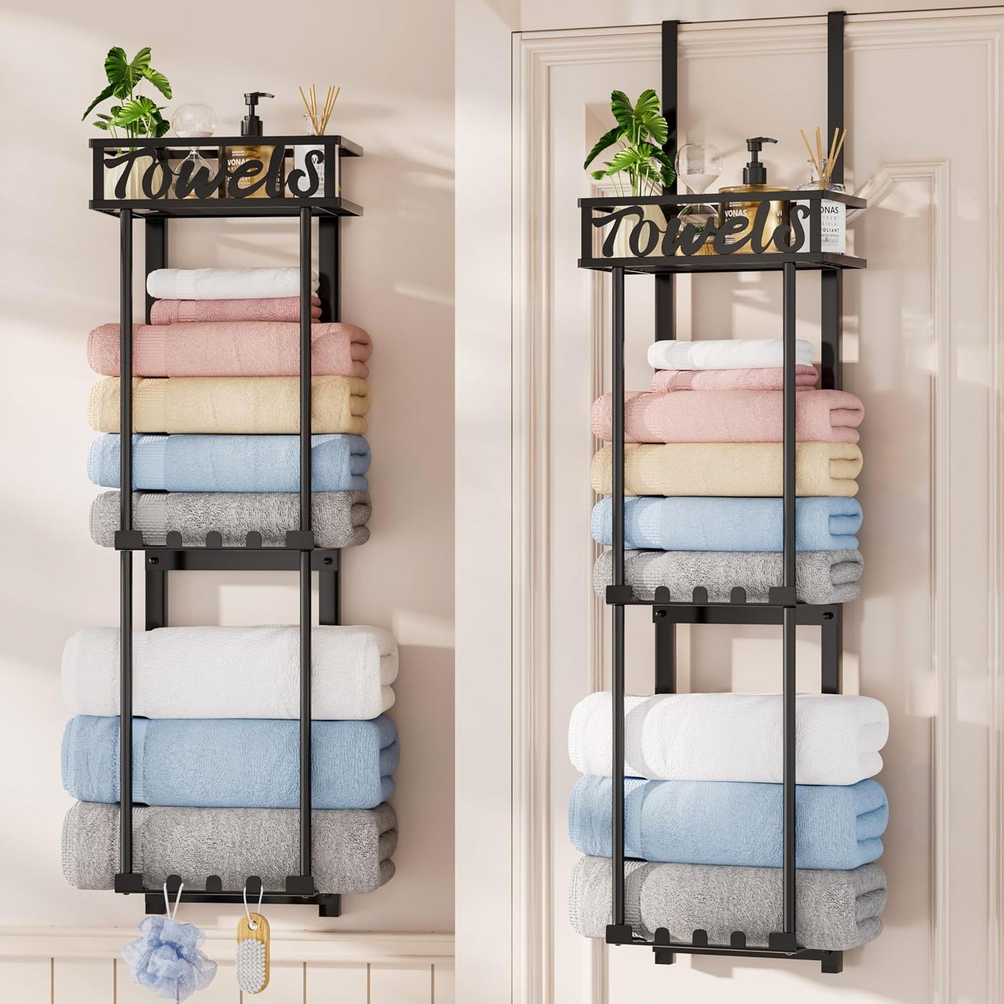 HapiRm Towel Rack Bathroom Storage - 3 Tier Over The Door & Wall Mounted Rolled Towel Racks Holder Organizer with Metal Shelf and 6 Hooks for Small Bathroom, Camper, Rv - Black (for 1.77 in Doors)