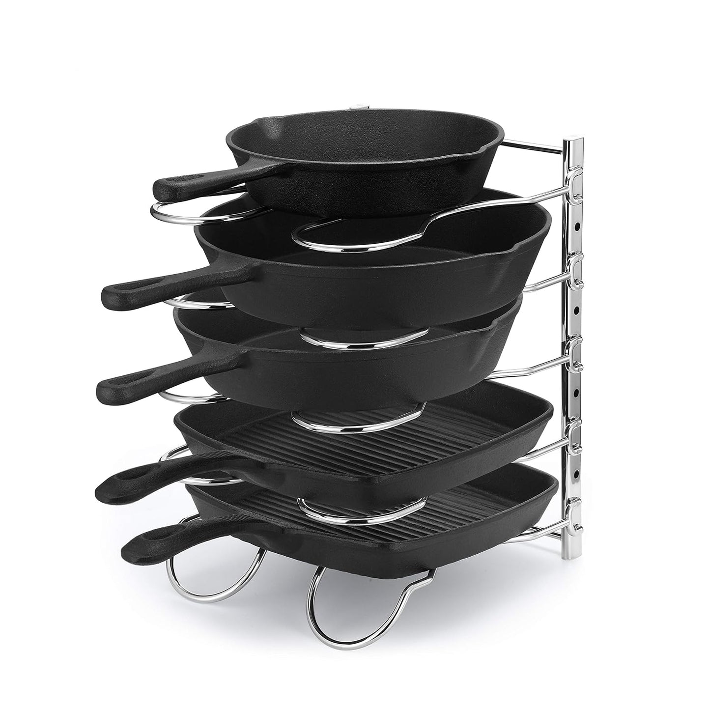 Heavy Duty Pan Rack, Pot Lid Rack, Kitchen Cabinet Pantry Cookware Organizer Rack Holder with 5 Adjustable Dividers, Chrome
