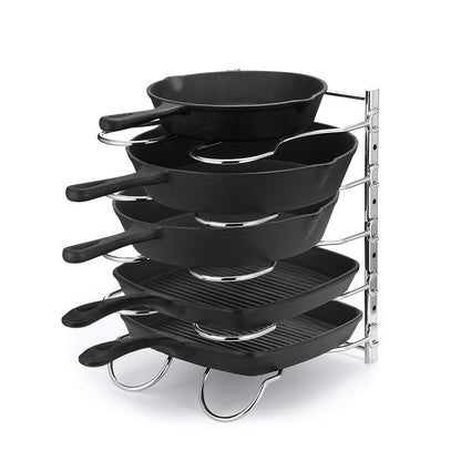 Heavy Duty Pan Rack, Pot Lid Rack, Kitchen Cabinet Pantry Cookware Organizer Rack Holder with 5 Adjustable Dividers, Chrome