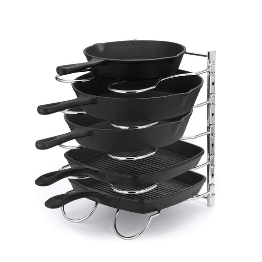 Heavy Duty Pan Rack, Pot Lid Rack, Kitchen Cabinet Pantry Cookware Organizer Rack Holder with 5 Adjustable Dividers, Chrome