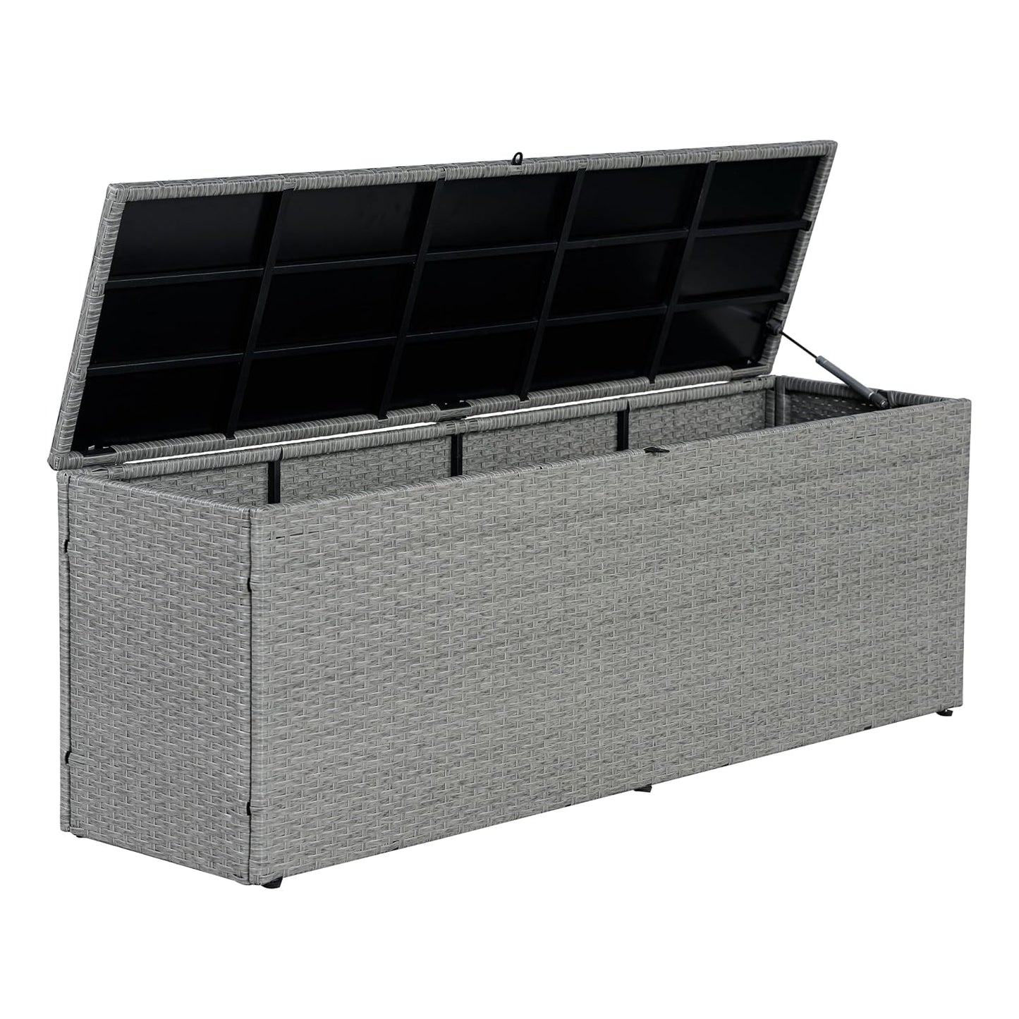 happimess Nino 59.06" Outdoor Faux Wicker Deck and Patio Storage Box, Gray | Modern Minimalist Design, Water-Resistant, Steel Frame, Lockable Lid, Soft-Close Gas Spring, Cushion and Tool Organizer