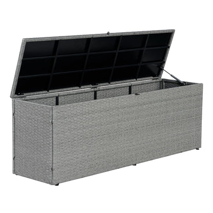 happimess Nino 59.06" Outdoor Faux Wicker Deck and Patio Storage Box, Gray | Modern Minimalist Design, Water-Resistant, Steel Frame, Lockable Lid, Soft-Close Gas Spring, Cushion and Tool Organizer