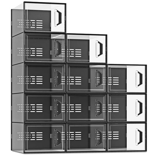 X-Large Shoe Storage Box Fit Size 11, Clear Plastic Stackable Shoe Organizer for Closet, Space Saving Sneaker Shoe Rack Containers Bins Holders for Entryway, Under Bed, 12 Pack Black