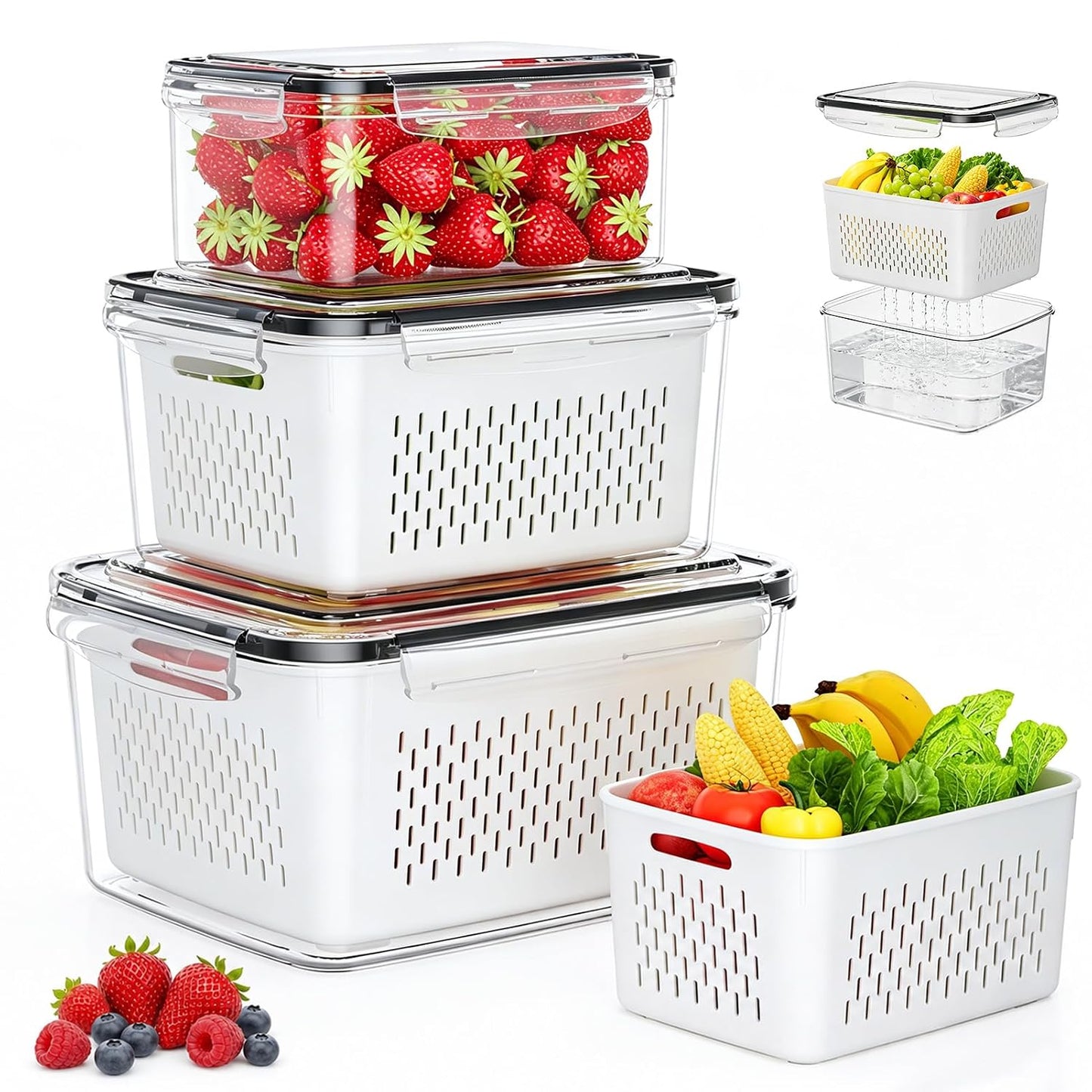 Fruit Storage Containers for Fridge, 3 Pack Plastic Food Storage Container