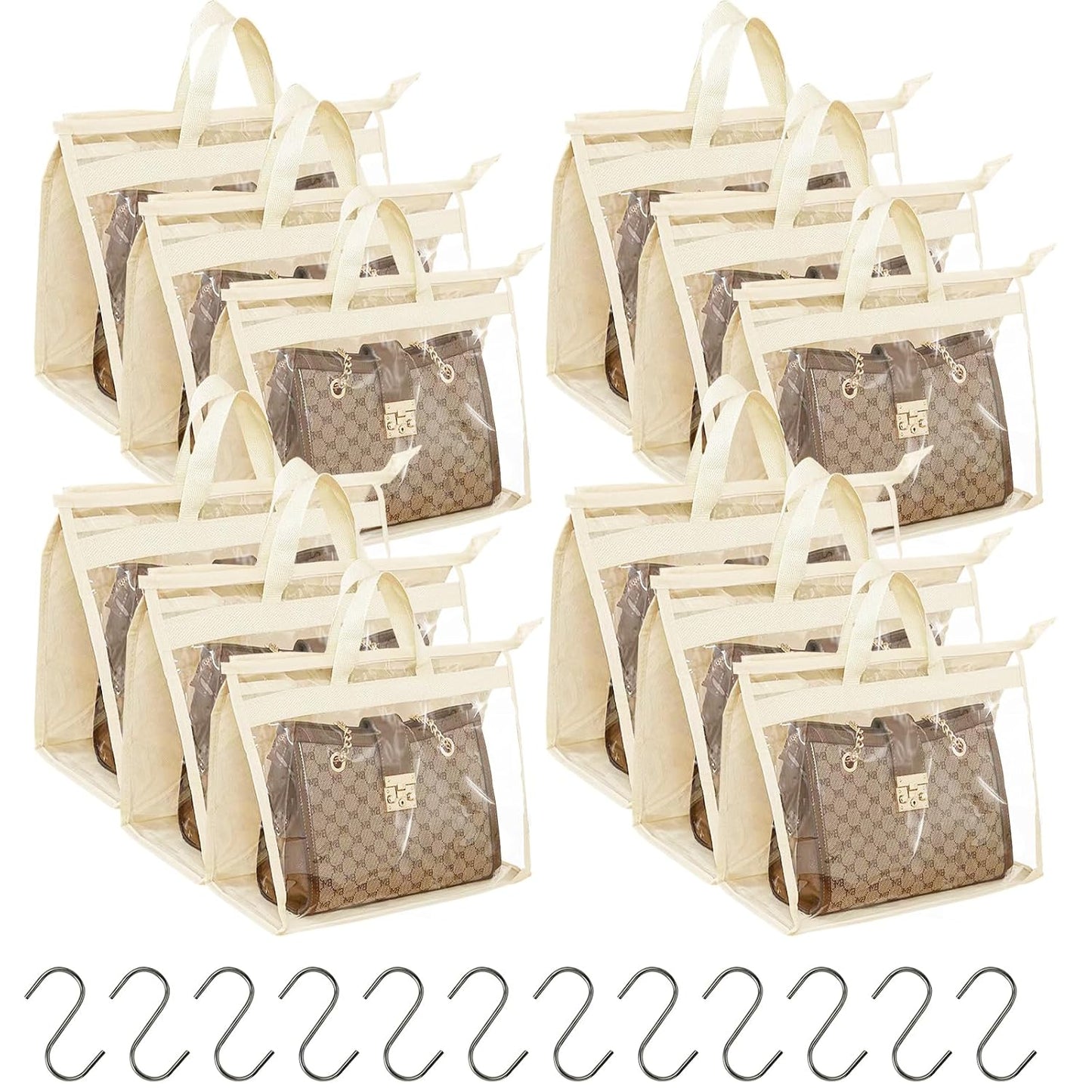 12PC Dust Bags for Handbags with 12 Hooks, Clear PVC Handbag Storage Dust Bags with Zippers and Handles, Plastic Hanging Dust Cover Bag Holder Purse Storage Organizer for Closet (3 Size)