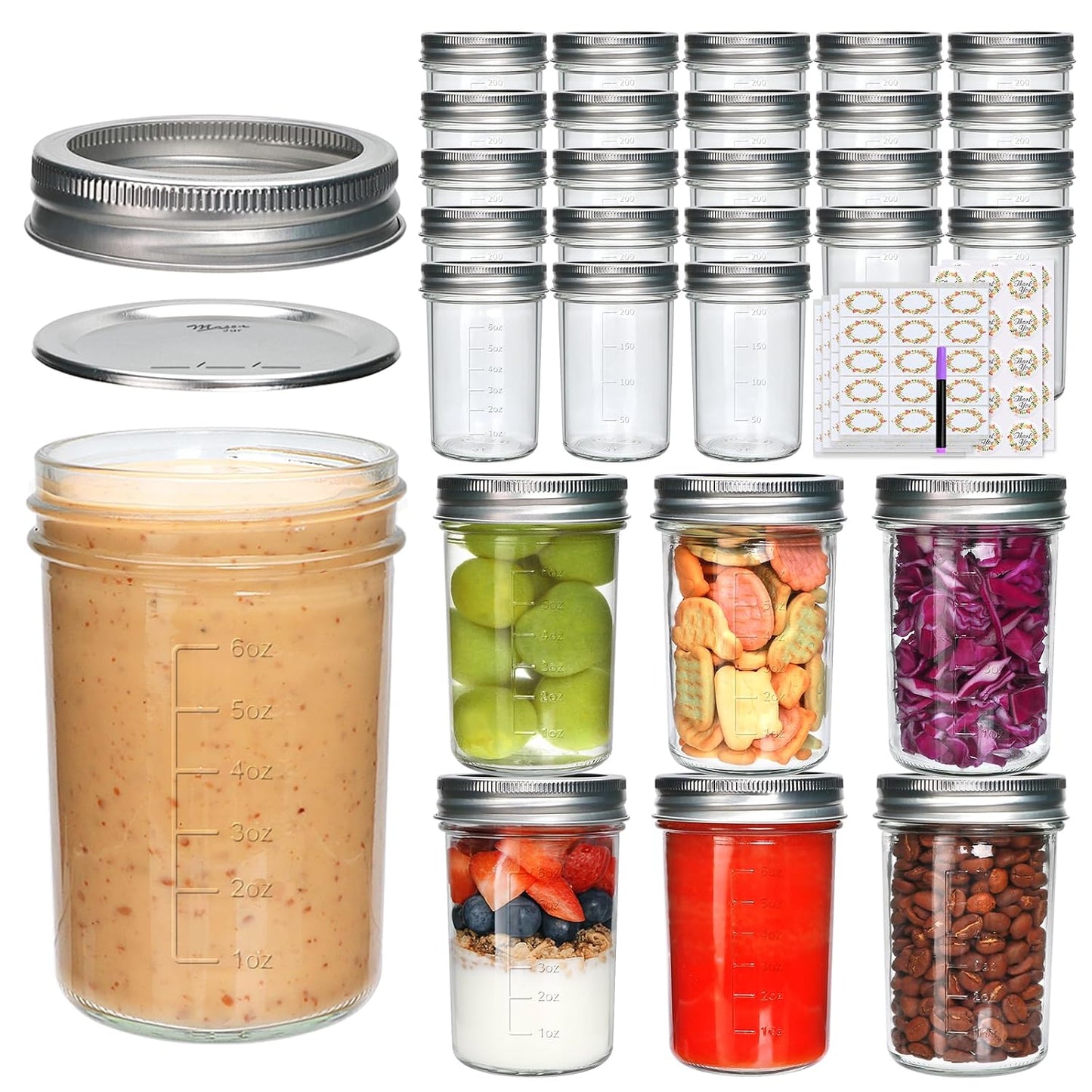 30 Pack 8 oz Mason Jars with Lids, Half Pint Canni... (Clear | Glass)