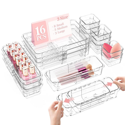 DILIBRA 16 Pcs Clear Extendable Drawer Organizer, Adjustable Drawer Storage | 3-Size Desk Drawer Organizer, Plastic Non-Slip Storage Bins for Makeup Cosmetic Jewelries Utensils Stationery Dressers Tool