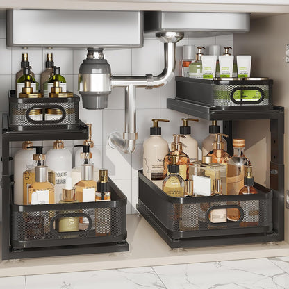 2 Pack Under Sink Organizer With Next-Gen Ball-Bearing Slides,2-Tier Precision Mesh Pull Out Cabinet Shelf Storage for Bathroom&Kitchen,Slide Out Drawers Height Adjustable,Rust-resistant