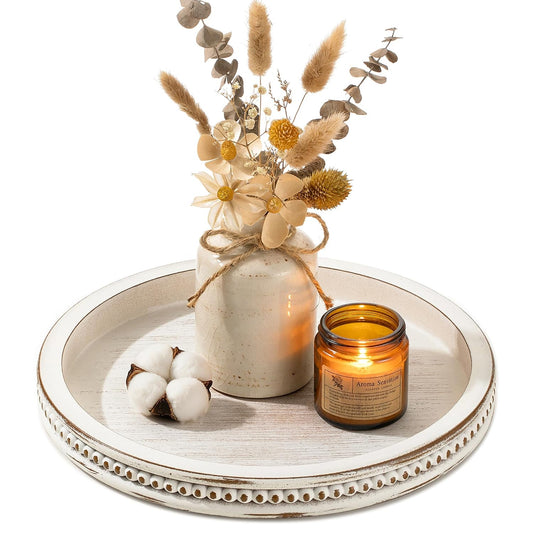 Decorative Tray for Coffee Table: 10.5-Inch Round... (White Washed | Wood)