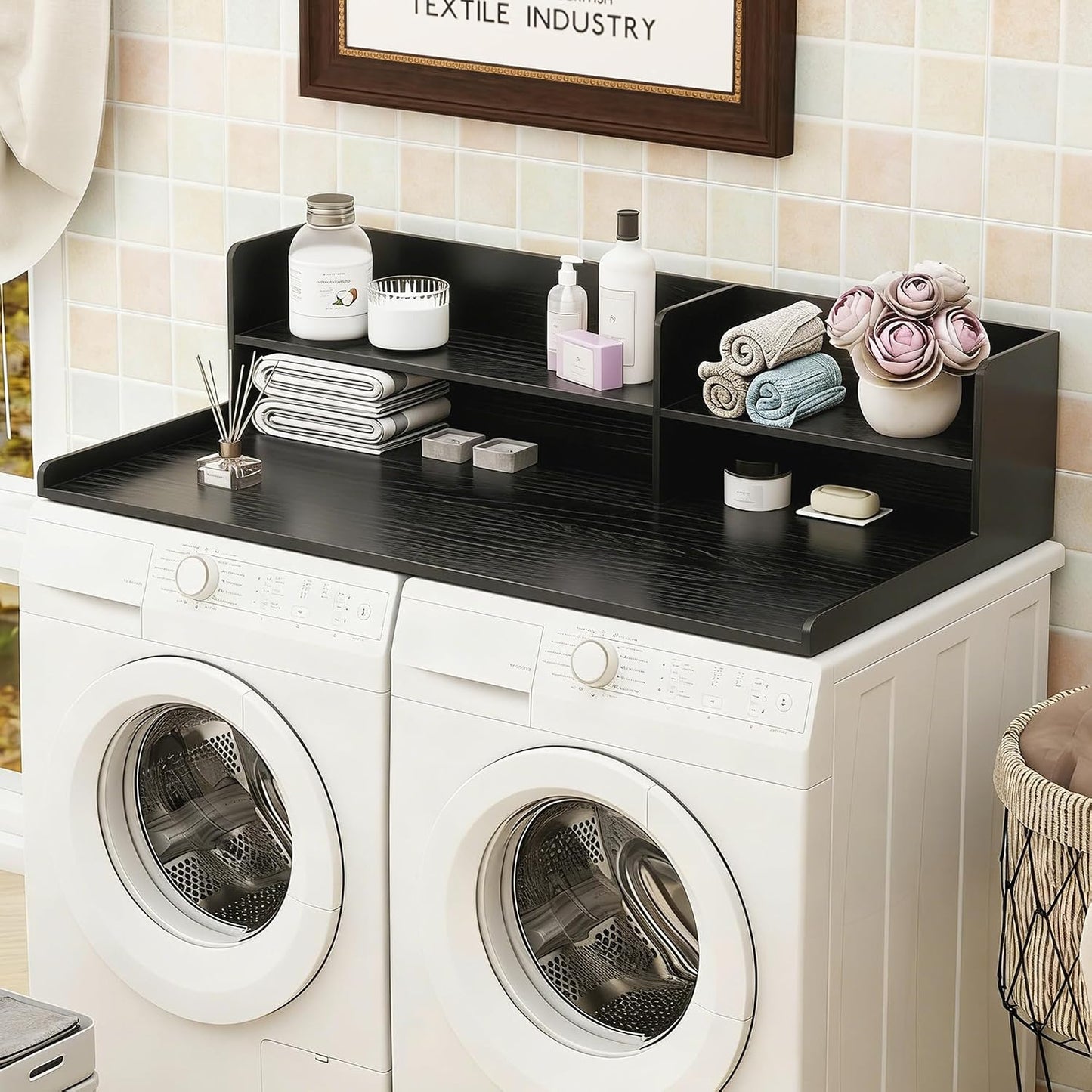 Wooden Washer Dryer Countertop Shelf, Laundry Countertop,54.7"X 28.3"Black | Washer And Dryer Countertop Adjustable Shelf,Washing Machine Topper 3-In-1 Folding Sorting & Ironing,Space Saving Laundry