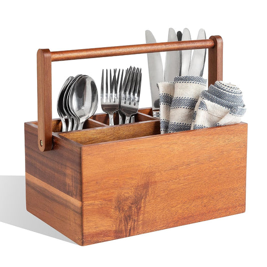 Acacia Wood Utensil Caddy with Handle, Wooden Silverware Holder, Multi-purpose Organizer for Kitchen, Office, Bathroom, Bedroom