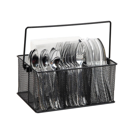 Mind Reader Multi-purpose Storage Caddy with Handle, Desktop Organizer, Cutlery Holder, 4 Compartments, Metal Mesh, Black