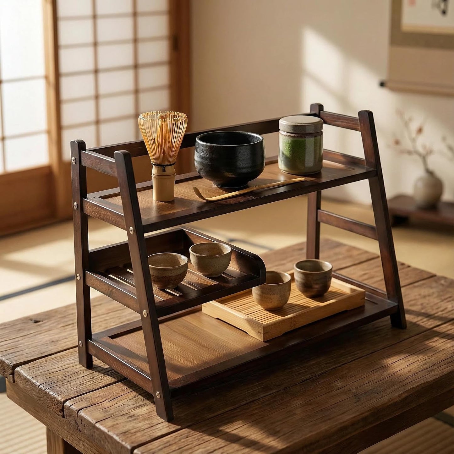 3 Tier Bamboo Matcha Station, coffee station organizer Shelf | for Kitchen Countertop, Tea Bar - Matcha Powder, Tools & Cup Organizer for Matcha Lovers, Home Baristas.